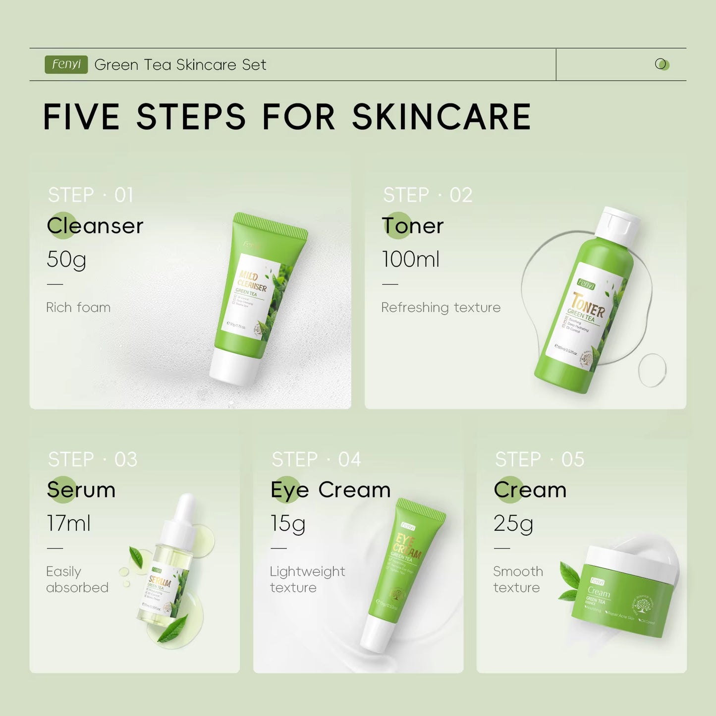 5Pcs/Box Skin Care Set Green Tea Facial Cleaner Soothes Skin Face Toner Tea Serum Moisturizing Cream Repairing Eye Cream Kits